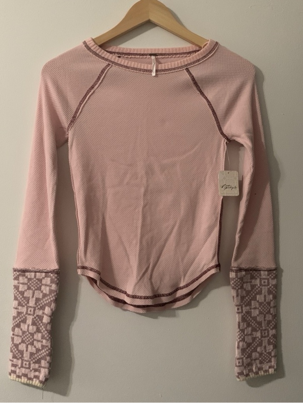 Free People Pink Long Sleeve Thermal Top with Geometric Cuffs